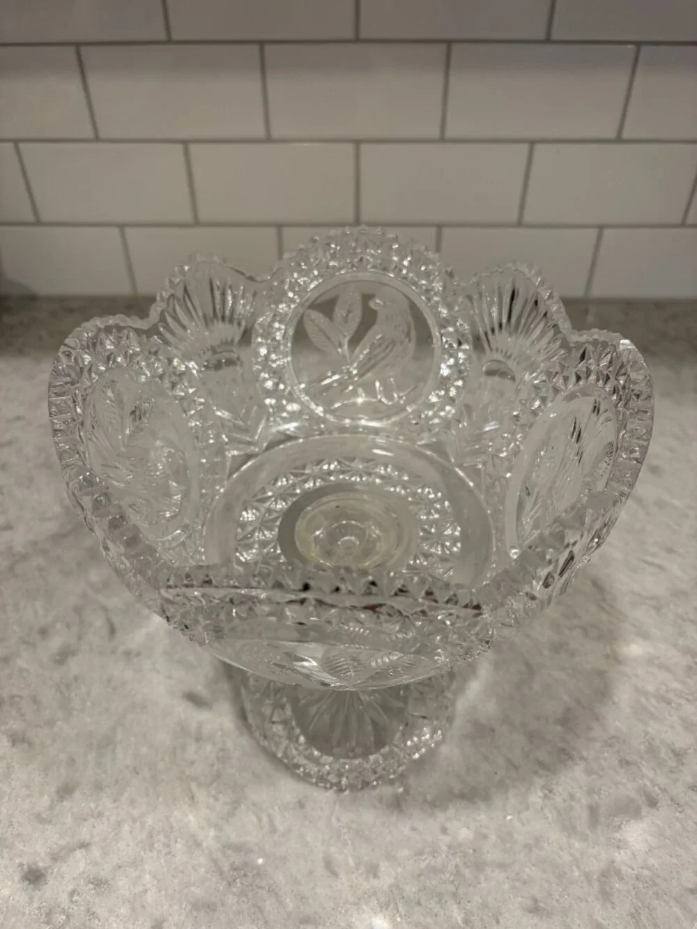 HOFBAUER Byrdes German Crystal Compote Bowl Etched Birds